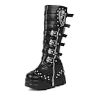 Amazon CSRZPMG Women's Knee High Wedge Platform Boots Round Toe Punk Goth Mid Calf Motorcycle Combat Boot Metal Buckle Chunky Heel Boots