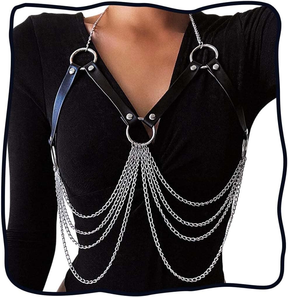 Amazon DRESBE Leather Chest Harness Chain Belt Black Layered Fashion Rave Body Accessories for Women
