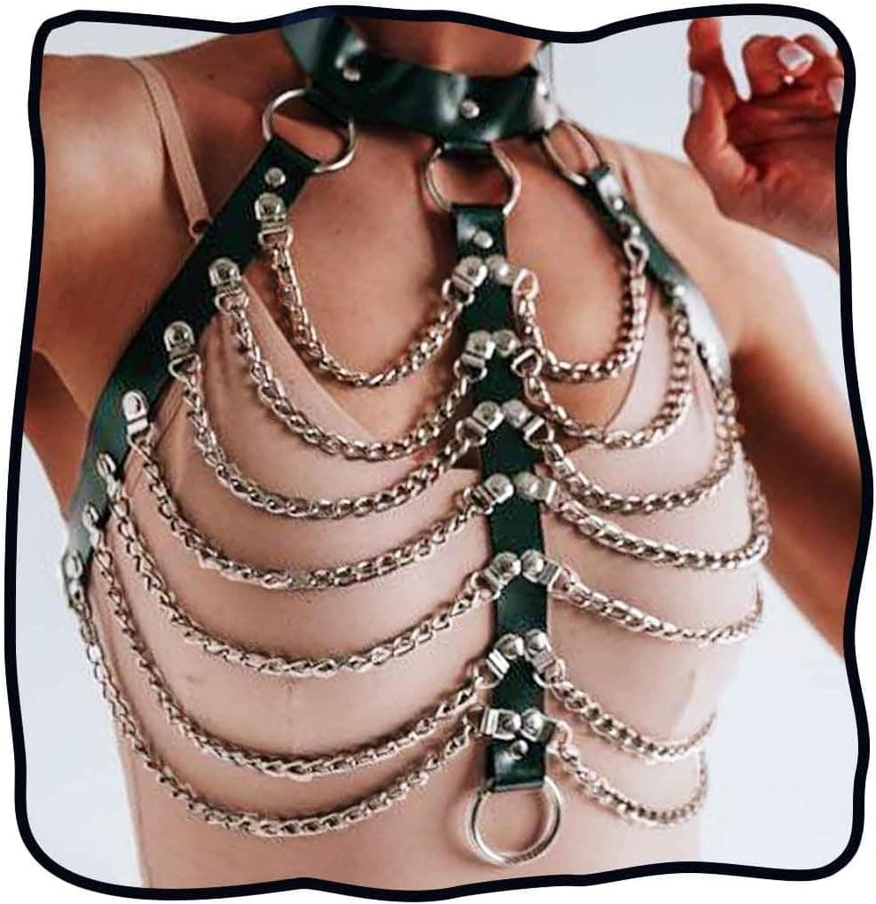 Amazon DRESBE Punk Layered Body Chain Black Leather Bra Caged Harness Choker Bra Chains Gothic