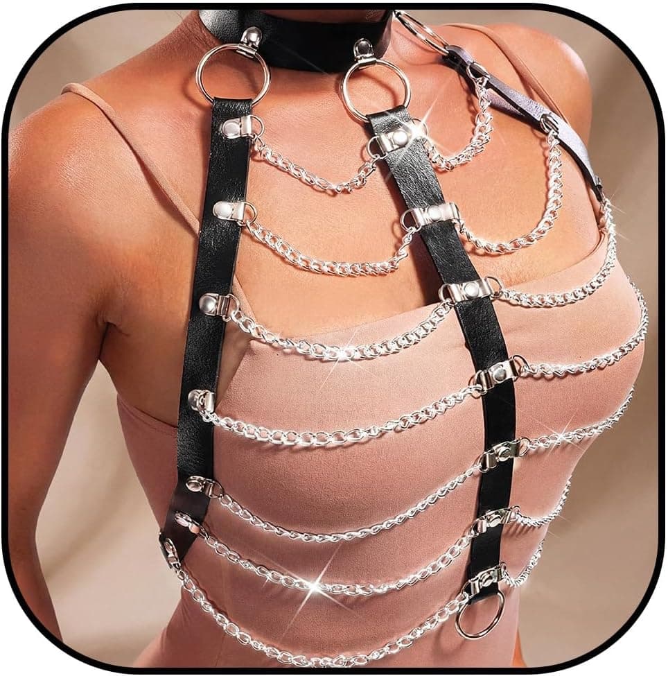 Amazon REETAN Leather Chest Harness Chain Black Gothic Fashion Rave Body Accessories for Women