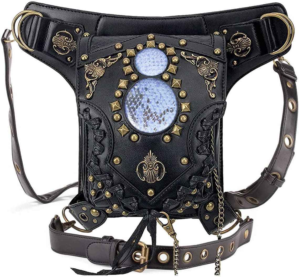 Amazon Gothic Waist Bag Fanny Pack Leather Steampunk Bag Purse Chain Leg Bag Crossbody Shoulder Messenger Hip Pouch (Black 095)