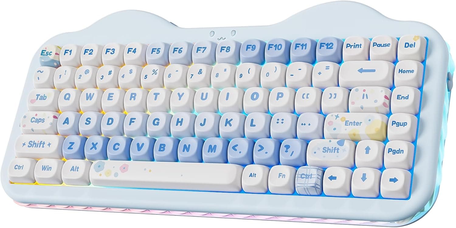 Amazon YUNZII C75 Wireless Mechanical Keyboard,75% Layout, Hot-Swappable NKRO,BT5.0/2.4G/USB-C Mode,Dye-Sub PBT MOA Keycaps,RGB Gasket Mount,Cute Cake Design for Mac/Win/Gaming (Blue, Candy Switch)