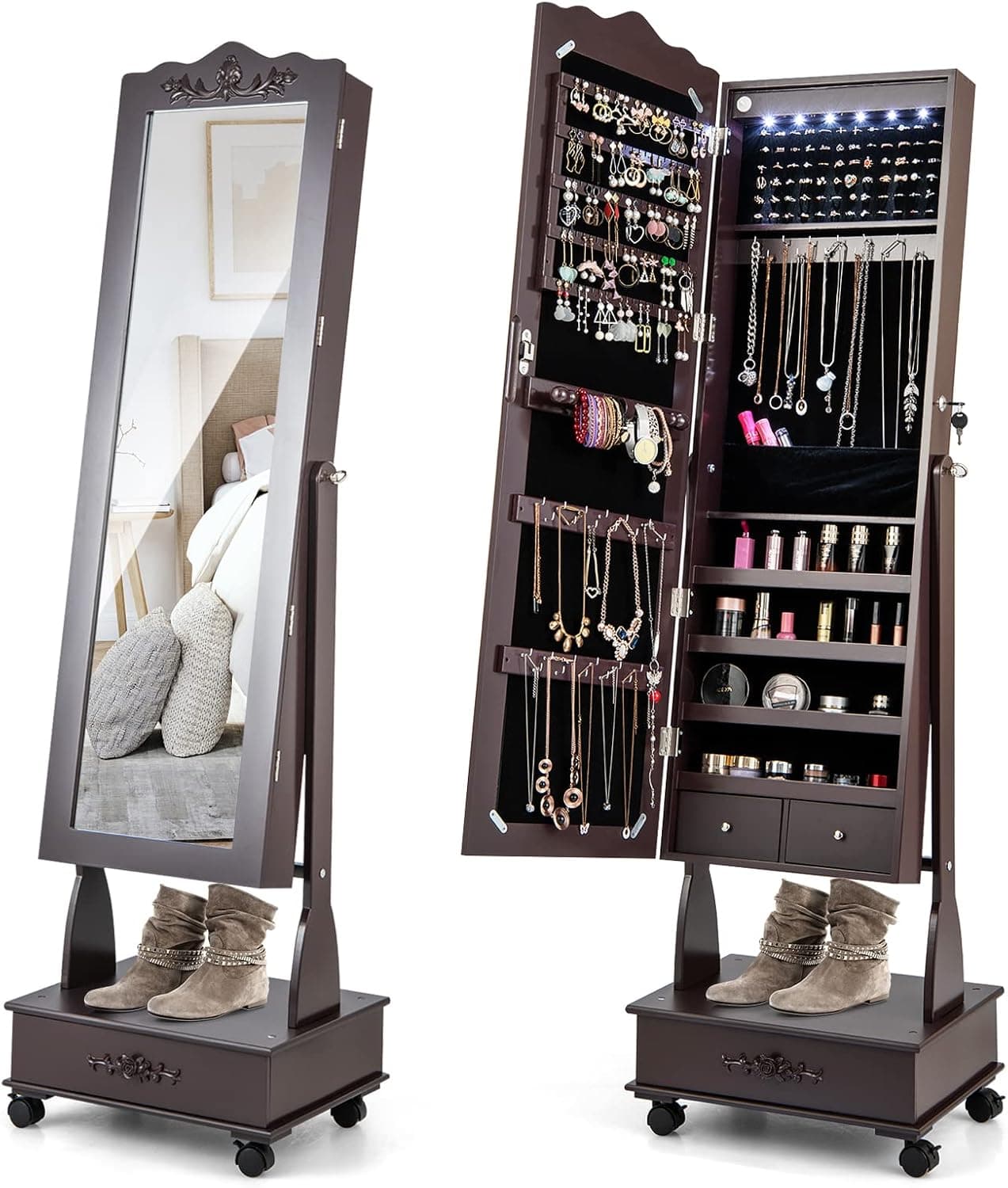 Amazon GOFLAME Jewelry Cabinet Armoire Freestanding, Lockable Jewelry Organizer with 3-position Adjustable Angle, Wheels, Full-length Mirror, Bottom Drawer, Jewelry Storage Box for Living Room Bedroom, Brown