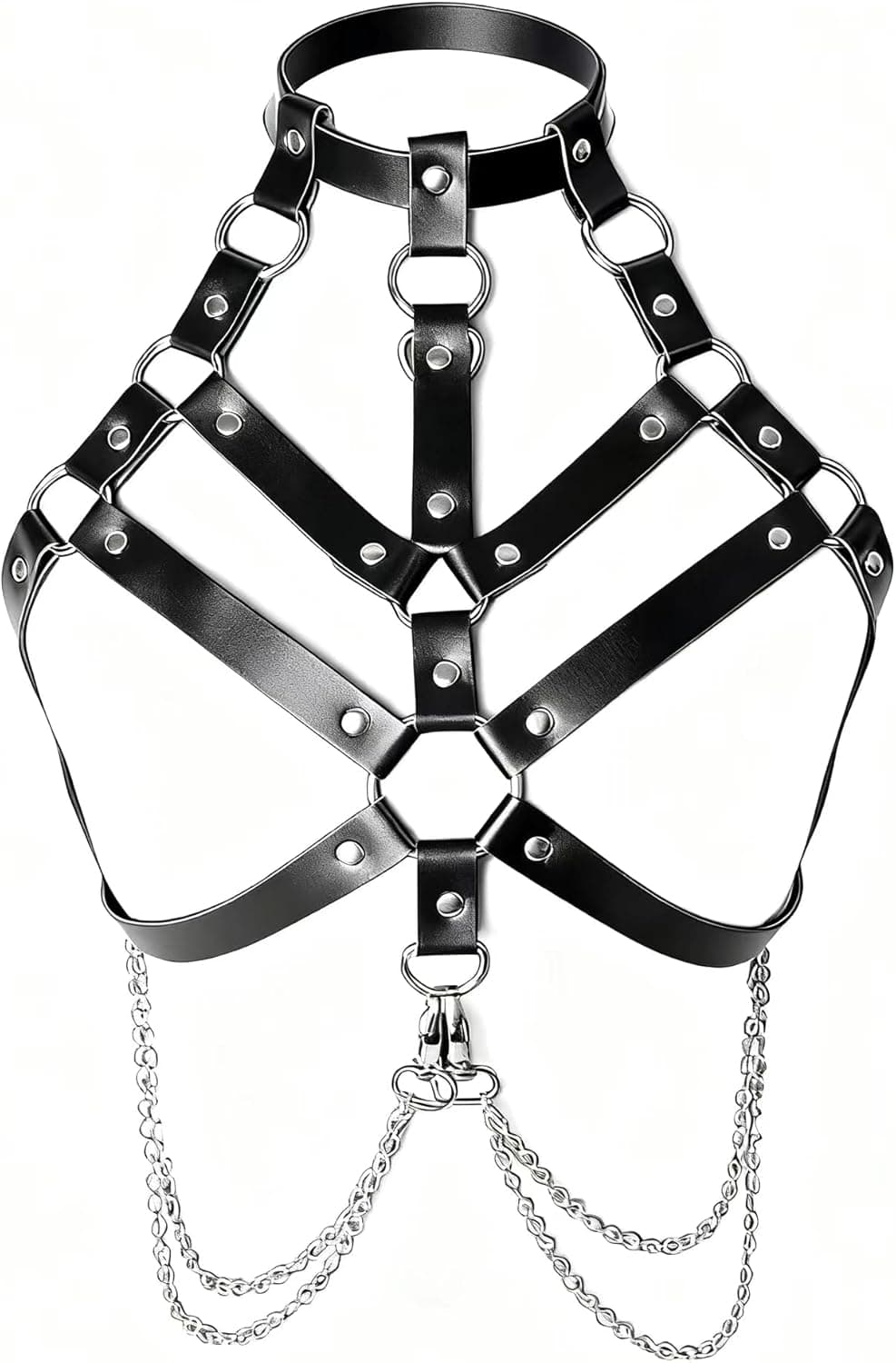 Amazon Women's Leather Chest Harness Top, Waist Chain Belt with Belly Bra, Punk Gothic Rock Body Harness, Halloween Cosplay