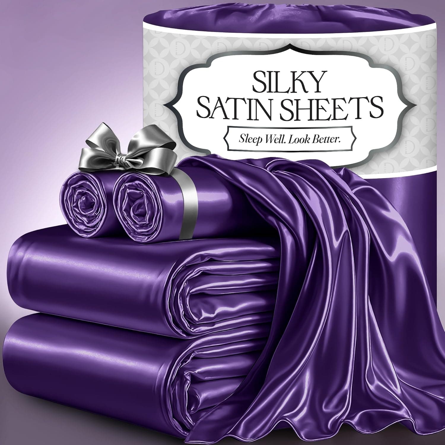 Amazon DECOLURE Satin Bed Sheets - 4 Piece Luxury Silky King Size Bedding Set - Softer Than Silk, Wrinkle-Free with 15” Deep Pocket Fitted Sheet, Perfect for Hair & Skin, Gifts for Women (Purple)