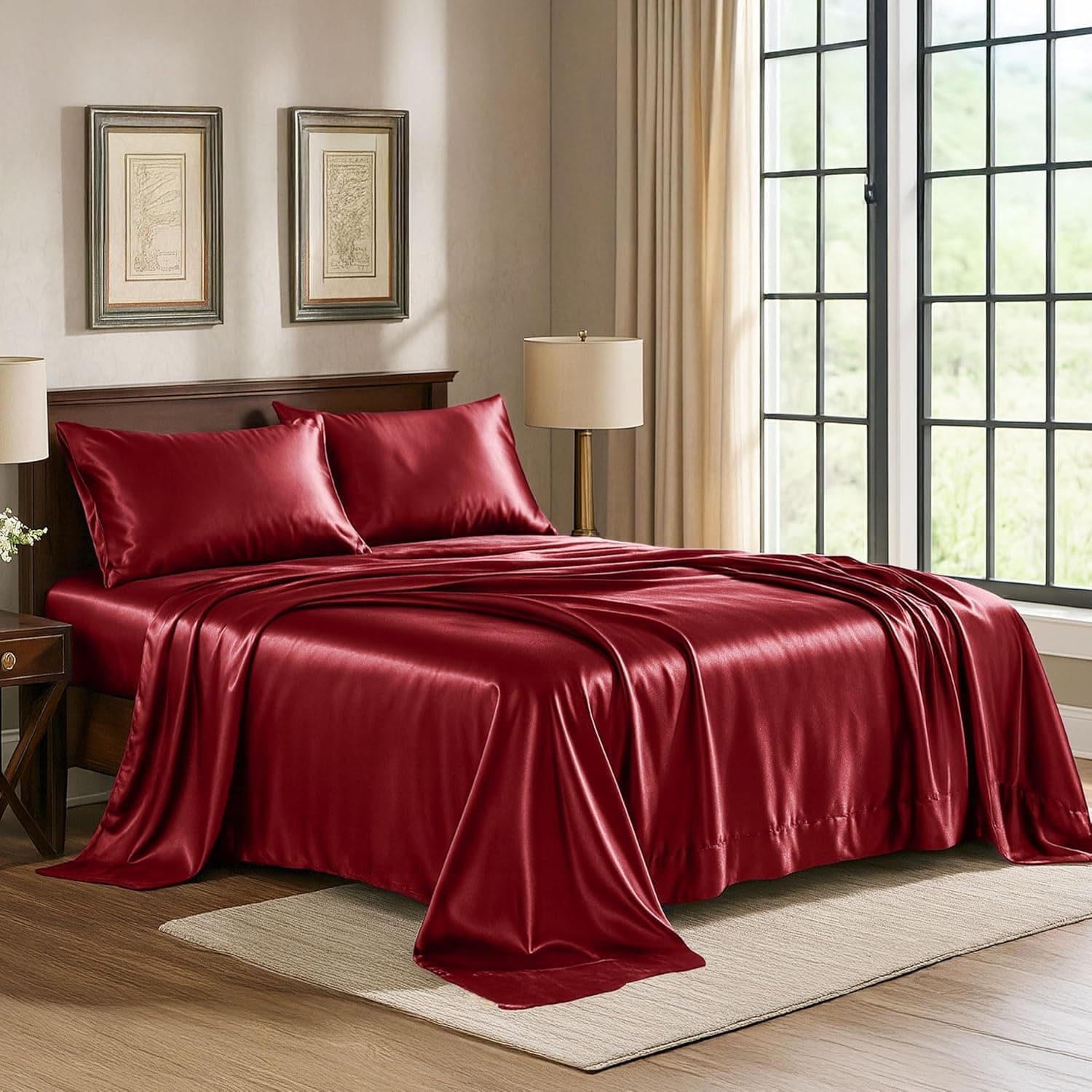 Amazon Satin Sheets King [4-Piece, Burgundy] Hotel Luxury Silky Bed Sheets - Extra Soft 1800 Microfiber Sheet Set, Wrinkle, Fade, Stain Resistant - Deep Pocket Fitted Sheet, Flat Sheet, Pillow Cases