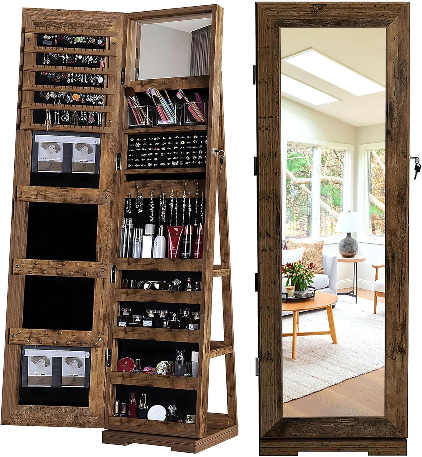 Amazon sogesfurniture Lockable Floor Standing Wooden Jewelry Armoire with Full Length Mirror 360°Rotatable Jewelry Organizer Cabinet Lockable with Storage Shelf, Rustic Brown,BHUS-QH-7021C-FG