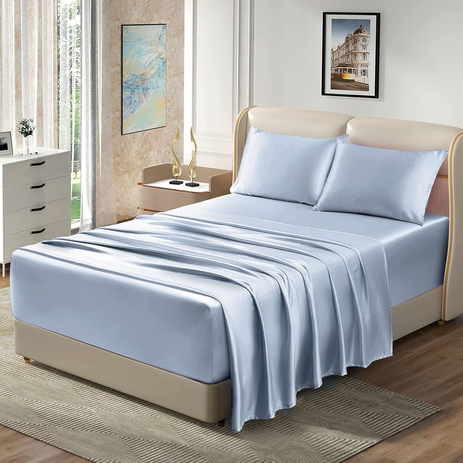 Amazon Homiest 4pcs Extra Deep Pocket King Size Bed Sheets, 18-24 Inch Deep Pocket, Baby Blue Satin Sheet Set, Luxury Fitted Sheet Set Fits Ultra Deep Mattress