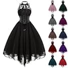 Amazon Women's Sleeveless Gothic Dress with Corset Halter Lace Swing Cocktail Dress Formal Halloween Punk Hippie Dresses